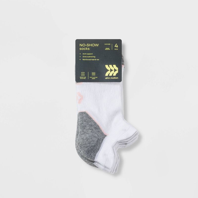 Women&#39;s Cushioned Cheetah Mesh Pattern 4pk No Show Double Tab Athletic Socks - All In Motion&#8482; White 4-10, 2 of 4