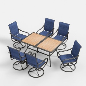Captiva Designs 7pc Patio Dining Wood-look Rectangle Table & Textilene Swivel Chairs - 1 of 4