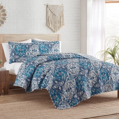 Blue Boho Medallion Reversible Full Microfiber Quilt Set