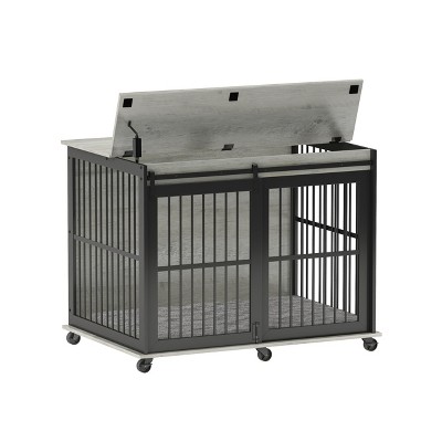 GustoWave 30 x 43'' Furniture Style Dog Crates with Sliding Iron Door, Decorative Pet House Dog Cage with Cushion for Medium Dogs, Grey