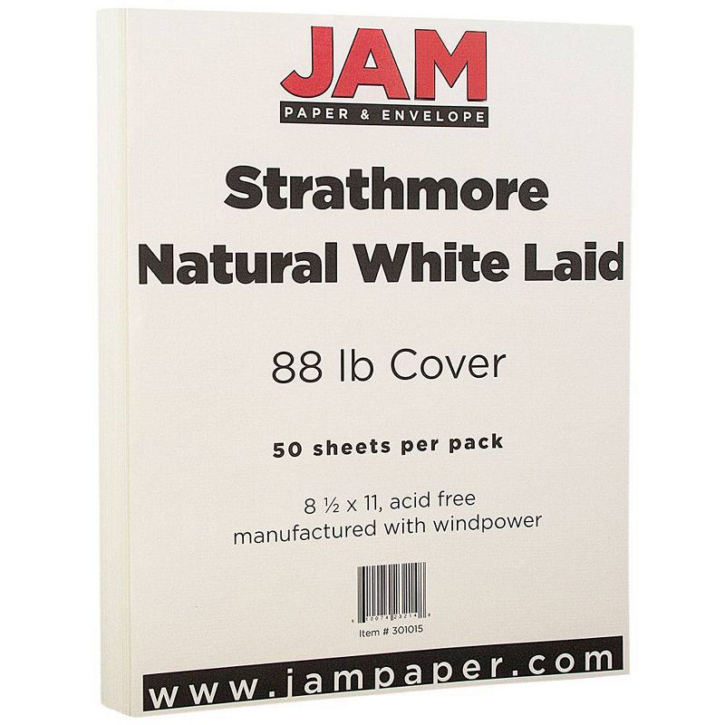 JAM Paper 8.5&#34;x11&#34; Strathmore Cardstock 88lb 50 Sheets Natural White Laid, 25% Cotton, Acid-Free, Uncoated, Printer-Compatible, 1 of 4