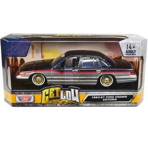 1993-1997 Ford Crown Victoria Lowrider Black Met. and Silver w/Red Stripes "Get Low" Series 1/24 Diecast Model Car by Motormax - 1 of 3