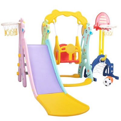 Infurnic Baby Activity Gyms 5-in-1 Kids Playground, Giraffe Design, Slide, Swing, Basketball, Football, Ring Toss, Multicolored, 40.55"*12.2"*22.83"