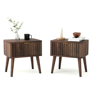 MUUEGM Fluted Nightstand, Mid Century Modern Walnut Bedside Table with Drawer, 19" Solid Wood End Table for Bedroom & Living Room - 1 of 4