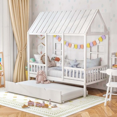 Costway Twin Size House Bed With Trundle Fence Decor Wooden Windows ...