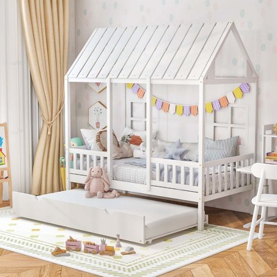 Image of Costway Twin Size House Bed with Trundle Fence Decor Wooden Windows Tall Roof White