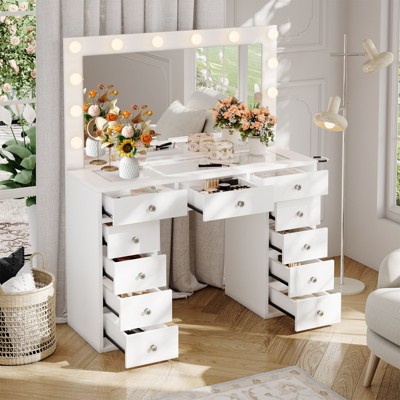 COZONY Vanity Desk with Lights & Power Strip - Makeup Vanity Table with Mirror, 11 Drawers & Adjustable Lighting