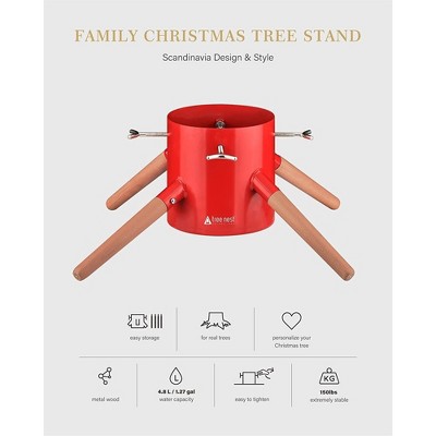 Red Steel and Beech Wood Christmas Tree Stand for 10ft Trees