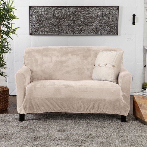 Great Bay Home Stretch Velvet-Plush Washable Loveseat Slipcover (Loveseat,  Silver Cloud)