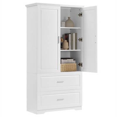 TiramisuBest Tall Bathroom Storage Cabinet, Cabinet with Two Doors and Drawers, Adjustable Shelf, MDF Board, White