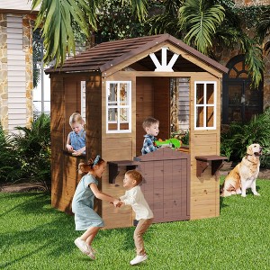 Cedar Wooden Kids Playhouse with Play Kitchen, Wooden Adventures Cottage for Backyard, Outdoor Toddler Playhouse for Kids with Vinyl Roof - 1 of 4