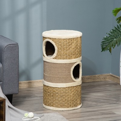 Khaki and Beige Sisal 3-Story Cat Condo with Scratching Pad