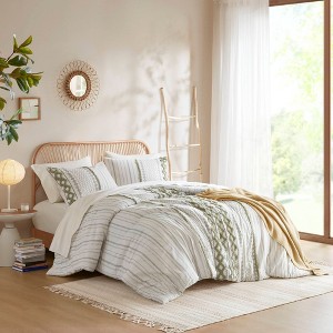 Sapphtopaz 3 PCS Cotton Comforter Sets with Chenille Sage Stripes Bedding Set with Pillow Shams Soft Bedding Comforter Set for Bed, Beige - 1 of 4