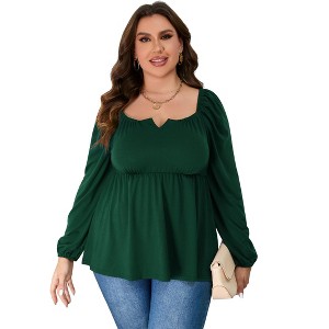 Coolmee Womens Plus Size Peplum Tops Puff Long Sleeve Square Neck Blouse Ruffle Hem Pullover Babydoll Top - 1 of 4