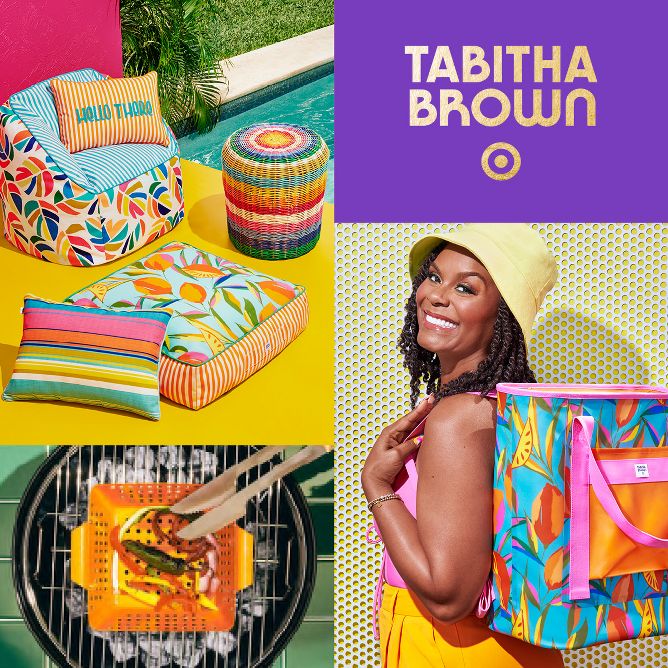 Tabitha Brown for Target collection featuring bright, colorful outdoor furniture; grilling tools and Tabitha with a citrus print backpack cooler over her shoulder.