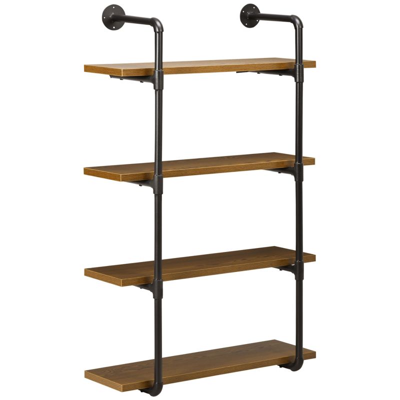 HOMCOM 4-Tier Industrial Pipe Shelves Floating Wall Mounted Bookshelf, Metal Frame Display Rack, 1.25" Thickness Shelving Unit Kitchen, Bar, Brown, 1 of 9