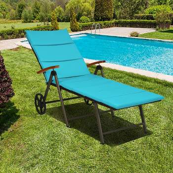 Costway 2PCS Folding Patio Rattan Lounge Chair Aluminum Adjustable Turquoise\Red