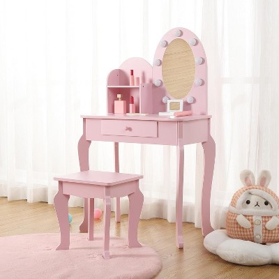Princess Vanity Set for Girls - Kids Makeup Table with Touch Lights, Mirror, Stool, and Wood Playset