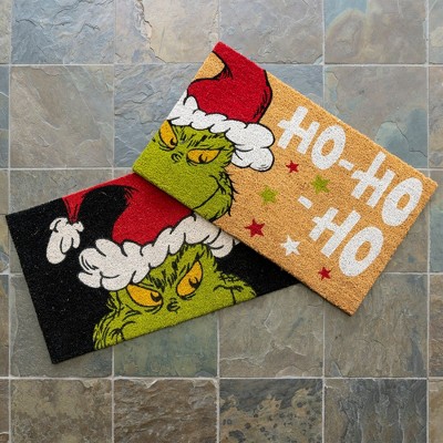 Licensed Dr Seuss The Grinch Christmas Holiday Modern Graphic Novelty Natural Coir Non-Slip Indoor/ Outdoor 2 Pack Door Mat Set, 20x34