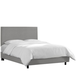 Custom Upholstered Nail Button Border Bed - Linen Gray - Full - Skyline Furniture