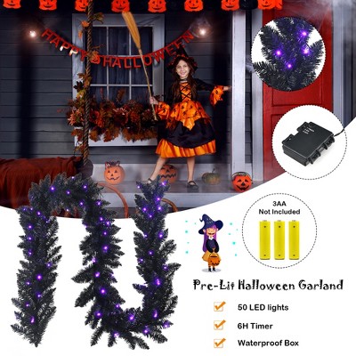 9ft Black PVC Garland with Purple LED Lights