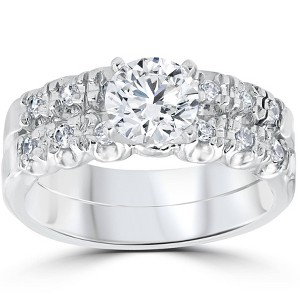 Pompeii3 1 Carat Diamond Engagement Ring Matching Wedding Band Prong Set 14K White Gold - 1 of 4