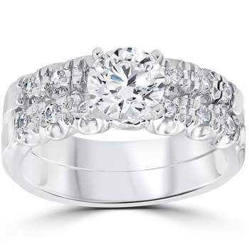 Pompeii3 1 Carat Diamond Engagement Ring Matching Wedding Band Prong Set 14K White Gold