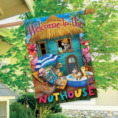Summer Nuthouse Humor House Flag with Colorful Squirrels