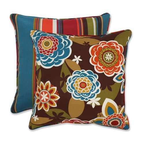 Outdoor 2-Piece Reversible Square Toss Pillow Set - Brown/Turquoise Floral/Stripe - Pillow Perfect - image 1 of 4