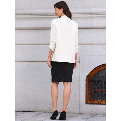 INSPIRE CHIC Women's Work Shawl Collar Ruched 3/4 Sleeves Open Front with Pockets Blazer Small Cream White — фото 3