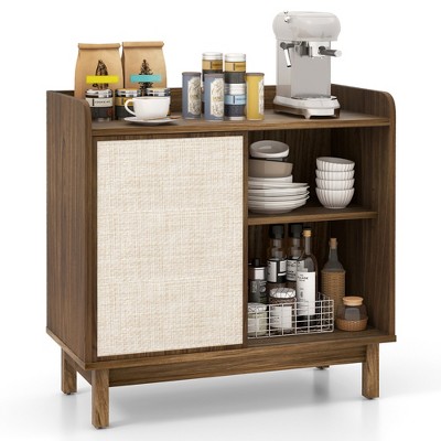 Tangkula Rattan Buffet Sideboard w/ Adjustable Shelves Storage Cabinet &Sliding Door