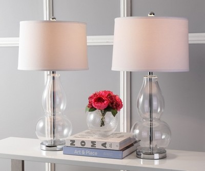 Clear Glass Double Gourd Table Lamp Set with White Shades