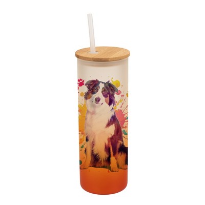 100 North 25 Ounce Frosted Glass Gradient Travel Tumbler With Straw & Wooden Lid, Australian Shepherd Paint Splatter Orange