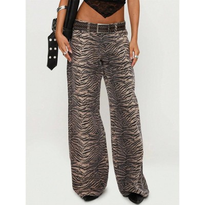 Clotth Women's Leopard Print Jeans - Y2K Style, Grunge Inspired, Wide Leg, Low Waist, Loose Fit, All Over Print, Textured Pattern