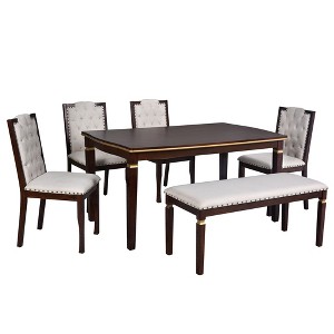 VYNXARIA 6-Piece Kitchen Dining Table Set, 60" Rectangular Table and 4 High-Back Tufted Chairs & 1 Bench for Dining Room and Kitchen (Espresso) - 1 of 4