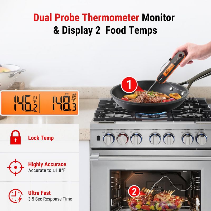 ThermoPro TP610W Waterproof Dual Probe Meat Thermometer with Alarm Programmable and Rechargeable Instant Read Food Thermometer W/ Rotating LCD Screen, 3 of 7