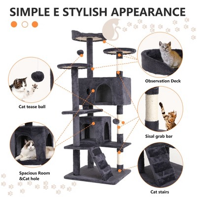 54" Gray Multi-Level Cat Tree Tower with Sisal Posts