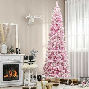 9'/7.5' Tall Unlit Snow Flocked Pine Artificial Christmas Tree with Realistic Branches, Green/Pink - 1 of 4