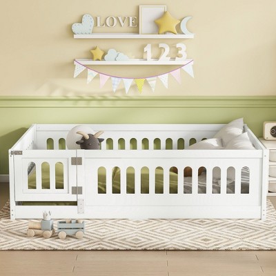 Okak Twin/Full Size Floor Bed Frame Solid Wood Bed with Safety Rails, Low Profile Design for Child Bedroom, Kids Playroom