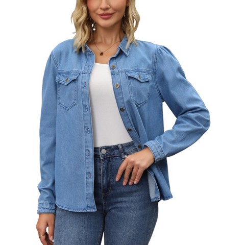INSPIRE CHIC Women's Denim Puff Long Sleeve Button Down Jean Shirt Jacket Large Blue