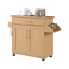 HomeStock  Rolling Wood Kitchen Island Cart with Spice Rack, Towel Rack, Utensil Drawer plus Cabinet, White with Beech Top - 2 of 4