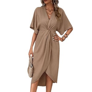Coolmee Women's Summer V Neck Batwing Short Sleeve Twisted Slit Wrap Maxi Dress Casual High Waist Pleated Long Dress - 1 of 4