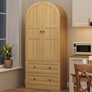 72" Tall Kitchen Pantry Cabinet with Wood/Glass Doors & Drawers, Wood Arch Storage Shelves, Farmhouse Freestanding Large Cupboard for Dining - 1 of 4