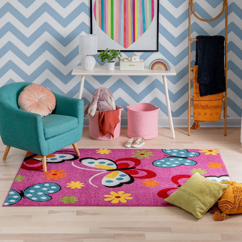 Well Woven Modern Daisy Butterflies Bright Kids Room Carpet Soft Durable Pink Area Rug, 5 of 9