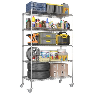 FONTOI 72"H Storage Racks with Wheels, 5 Tiers Freestanding Wire Shelf Unit, Pantry Organizer Rack for Kitchen, Garage, Silver, 23.62"*72.05"*47.24"