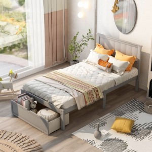 CAVINAS Twin Size Storage Bed Modern Pine Bed Frame with Headboard and Storage Drawer for Bedroom - 1 of 4