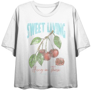 Sweet Living Hang In There Cherries Crew Neck Short Sleeve Women's White Crop Top - 1 of 3