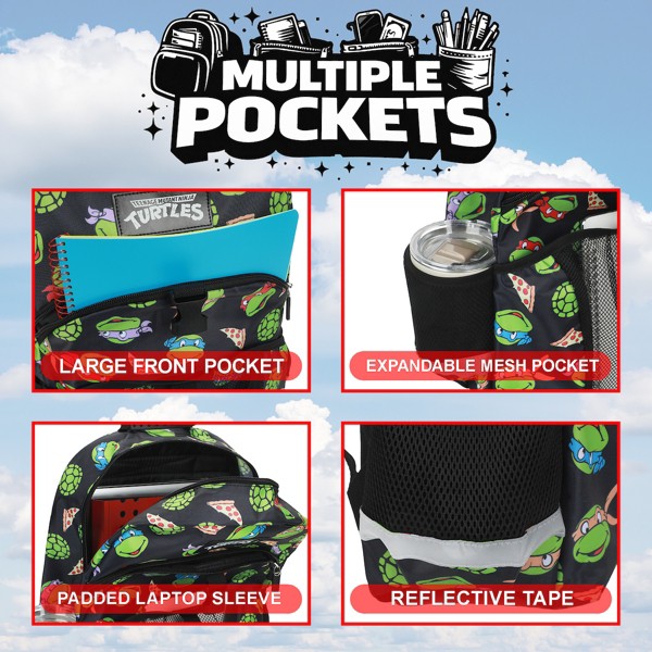 Set de 2 piezas de mochila y lonchera de 16 pulgadas para niños de TMNT Classic Retro Cartoon 3