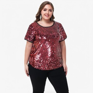 Anna-Kaci Women's Plus Size Short Sleeve Sequin Top Round Neck - 1 of 4