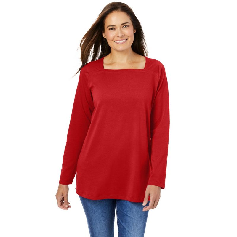 Woman Within Women's Plus Size Perfect Long-Sleeve Square-Neck Tee, 1 of 3